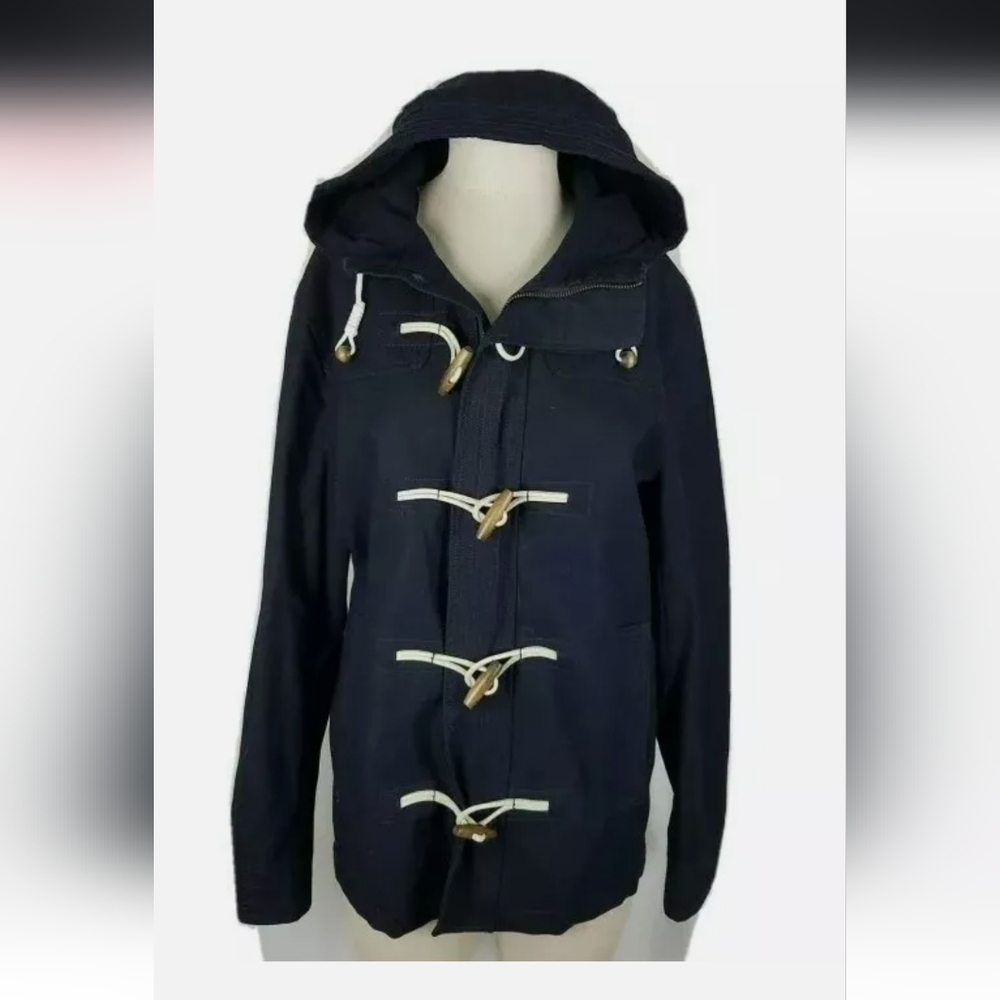 H&M Mens Denim Hooded Utility Jacket Toggle Zip Lined Slash Pockets Navy Sz 40R